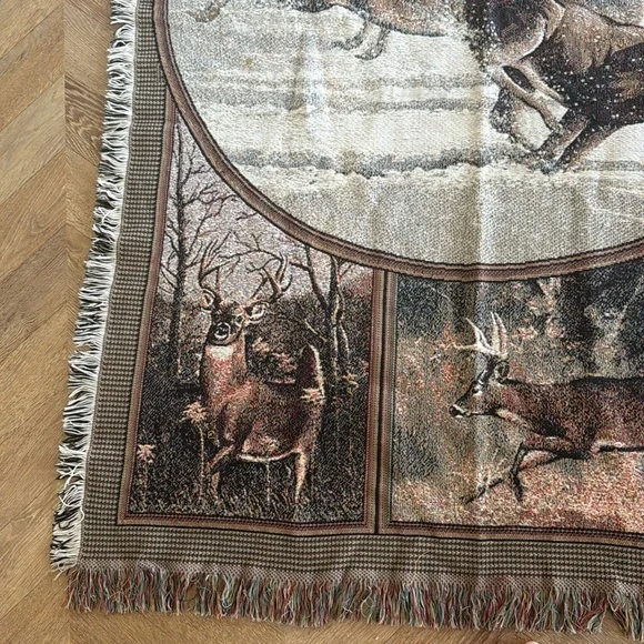 Vintage Deer Scene Tapestry Throw Blanket with Fringed Edges